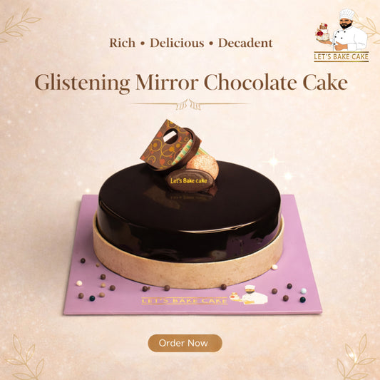 A premium glistening mirror chocolate glaze cake with gourmet chocolate garnishes on a purple base, handcrafted by Let's Bake Cake for luxury delivery in Abu Dhabi