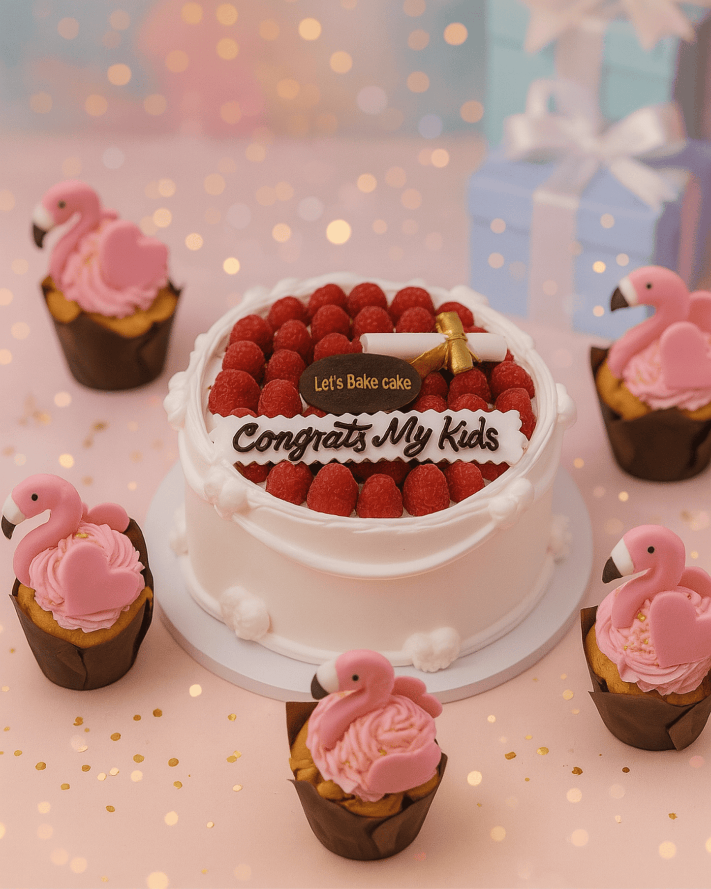 Congrats My Kids Cake Set (with Flamingo Cupcakes)