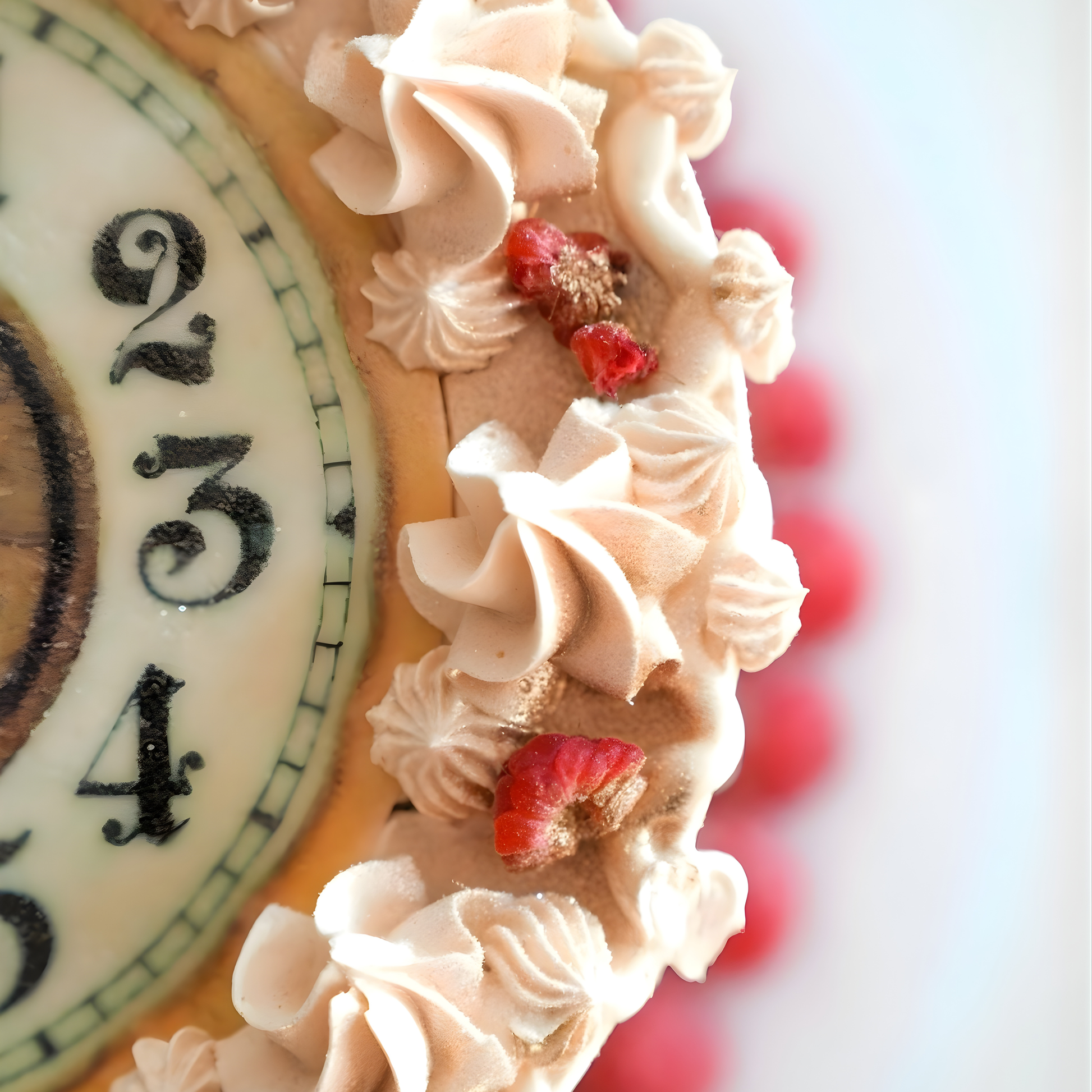 An extreme macro close-up of a vintage clock cake showing professional buttercream piping and detailed numerals by Let's Bake Cake Abu Dhabi
