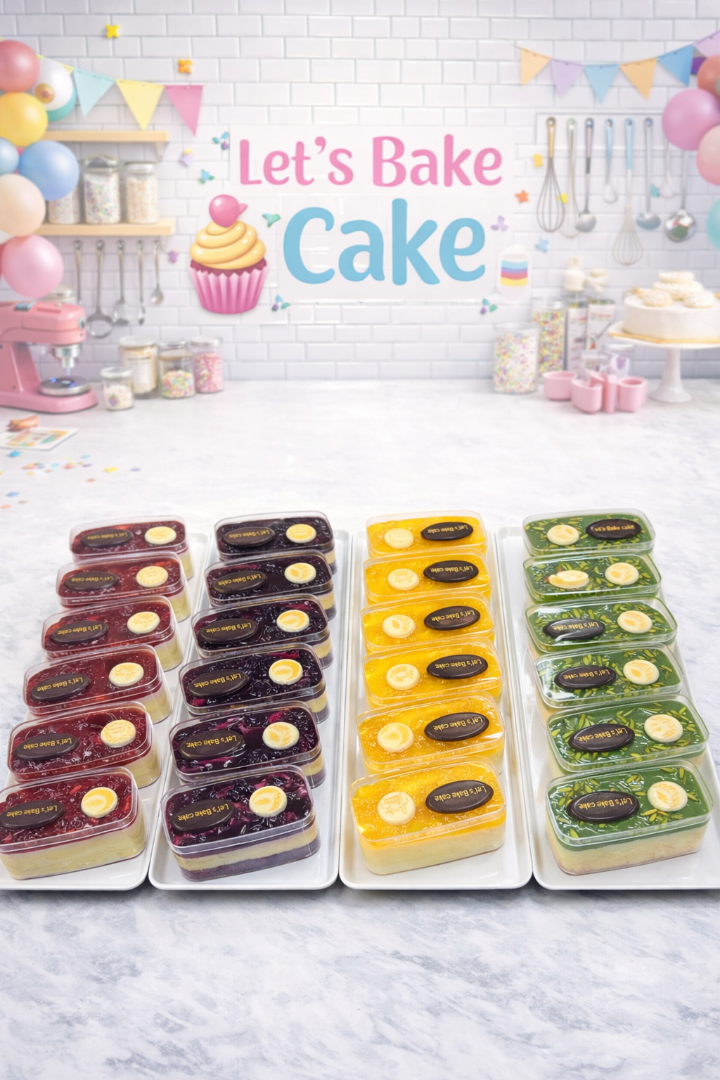 A variety of premium pastries including chocolate, blueberry, mango, and pistachio slices arranged on trays at the Let's Bake Cake studio, Abu Dhabi.