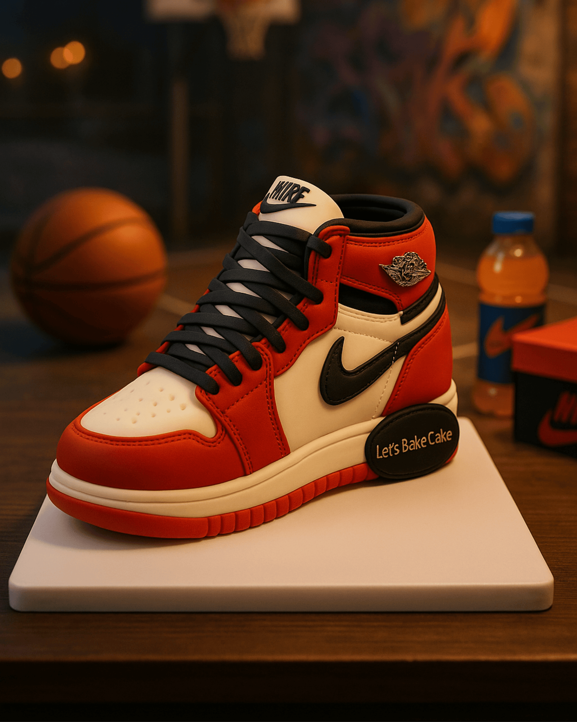 A hyper-realistic Nike Air Jordan 1 sneaker cake in red, white, and black with intricate stitching details by Let's Bake Cake Abu Dhabi.