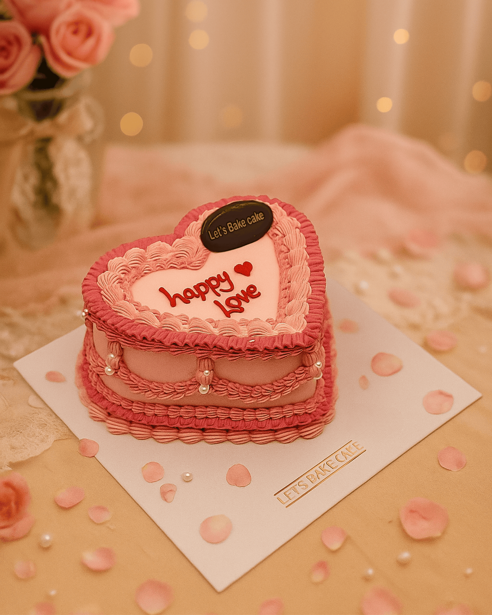 A luxury pink heart-shaped vintage piped cake with 'Happy Love' message and white pearls by Let's Bake Cake Abu Dhabi