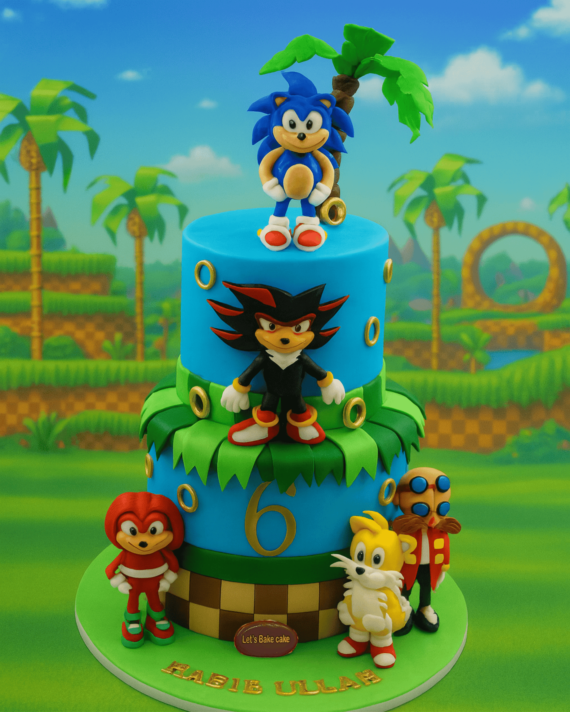 A luxury two-tier Sonic the Hedgehog themed birthday cake with 3D characters like Sonic, Shadow, and Tails by Let's Bake Cake Abu Dhabi