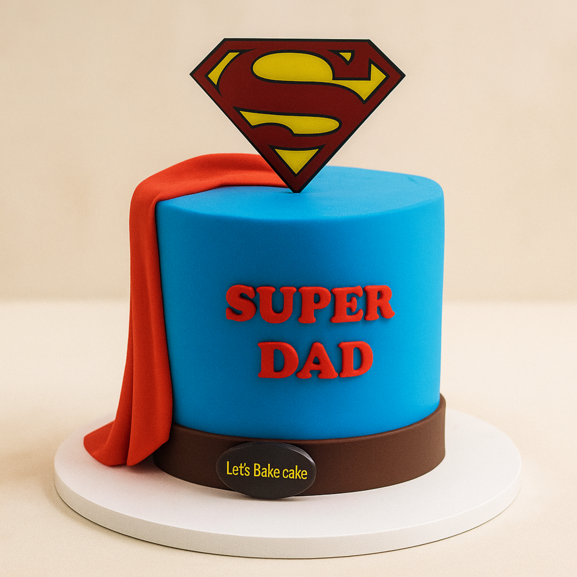 A luxury Superman-themed birthday cake with 'Super Dad' lettering and a red fondant cape by Let's Bake Cake Abu Dhabi.