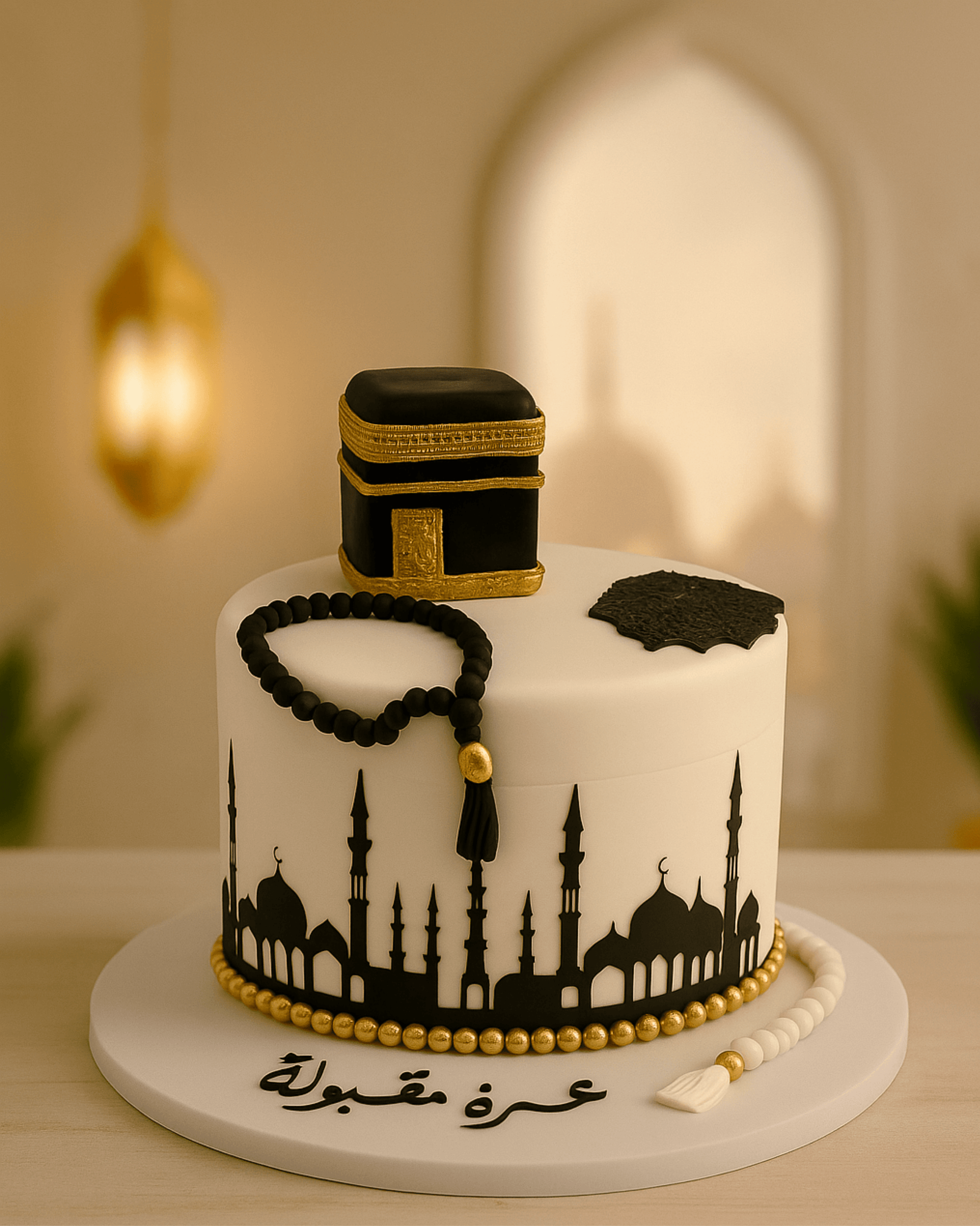 A luxury white Umrah Mubarak cake with a Kaaba topper, edible Tasbeeh, and Masjid silhouette by Let's Bake Cake Abu Dhabi